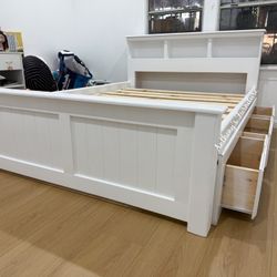 White Queen Bed With Drawers 