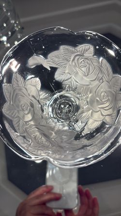Crystal Glass Compote Bowl with Rose Etching