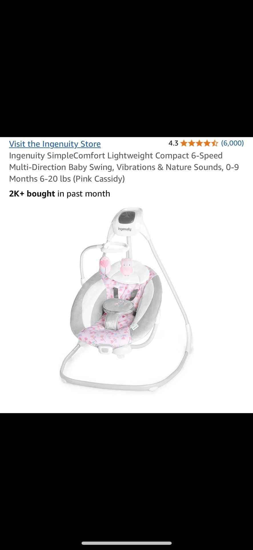 Ingenuity SimpleComfort Lightweight Compact 6-Speed Multi-Direction Baby Swing, Vibrations & Nature Sounds, 0-9 Months 6-20 lbs (Pink Cassidy)