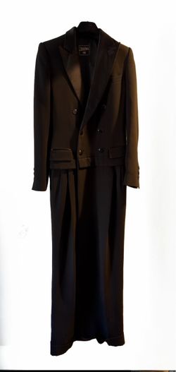 ean Paul Gaultier black formal blazer dress with deep pockets and silk stripes on the sides. Vintage 1990s Femme collection with a long-line blazer si