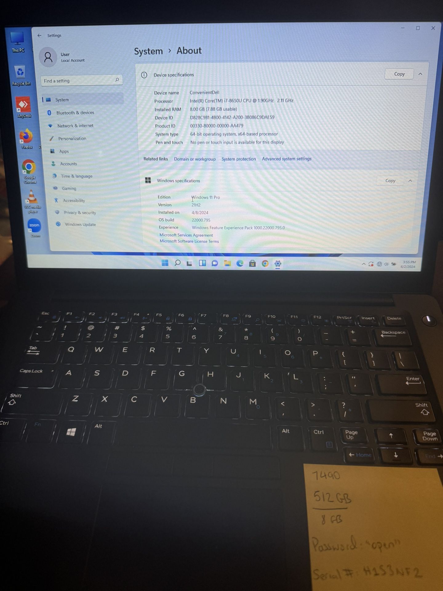 Dell Windows 11 Pro Laptop, 512 GB, 8GB RAM