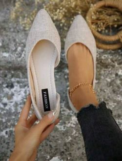 Beige Pointed Toe Low Heel Women's Slip-On Shoes, Casual Lightweight Comfortable Shoes For Spring/Summer, Wide Fit