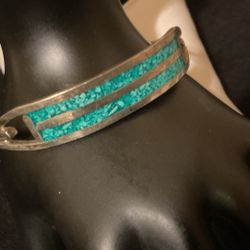 Vintage Solid Sterling Silver (925) Bangle Bracelet With Turquoise Stripes…(open And Snap Close)
