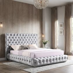 NEW IN BOX- Grey Tufted Platform Bed Frame Queen & King Size