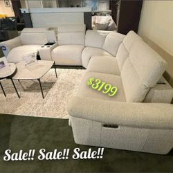 Beige Boucle fabric power motion sectional sofa 