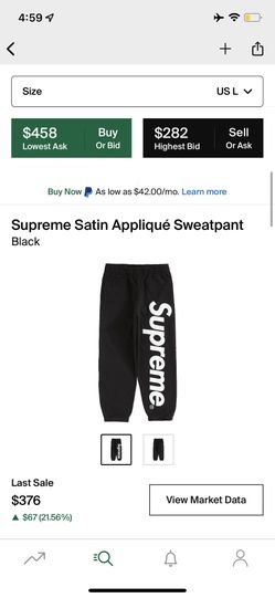 SUPREME BLACK SATIN APPLIQUÉ SWEATPANTS for Sale in New York, NY