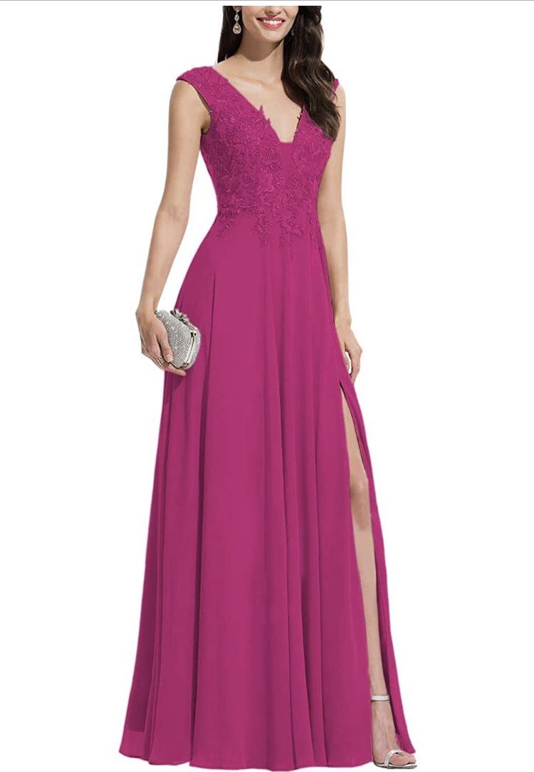 Ubride Women's Slit Lace Prom Dresses Chiffon Appliques V Neck Long Formal Evening Gowns )