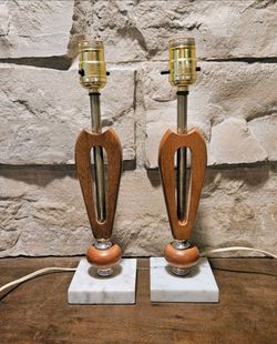 Vintage MCM Teak Wood & Marble Table Lamps Pair - 1960s Open Teardrop Sculptural