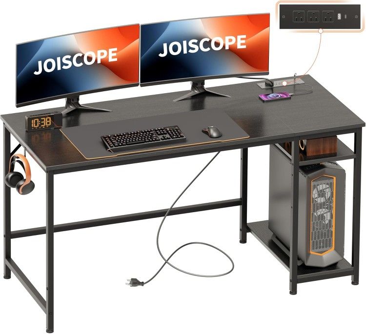 Computer Desk with USB & Type-C Outlet, Home Office Desk with 2-Tier Storage Shelves, Modern Gaming Desktop Workstation, 55 inches, Black