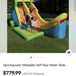 New In Box Splash into summer with the Inflatable Half Pipe water slide by Sportspwer! Kids can try to score a basketball shot as they slide down the 