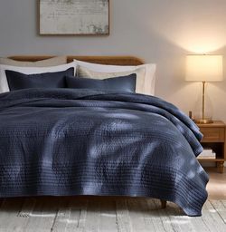 PALASSIO Striped Navy Blue 100% Cotton Quilt California Cal King Size Bedding Sets, Oversized Lightweight Channel Pick Stitch Textured Bedspread Soft 