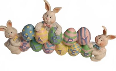 Happy Easter Bunny Figurine Table Centerpiece Pastel Polka Dot Eggs 8" long
