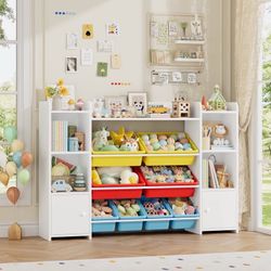 Kids Toy Storage Organizer Bookcase with 8 Bins, Storage Organizer Bookshelf with 2 Door for Children Playroom Organization, White/Red/Blue/Yellow