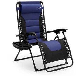 SereneLife Padded Zero Gravity Recliner Chair – Adjustable Foldable Lounge Chair with Side Table, Cup Holder & Headrest, Lockable Recline, Blue & Blac