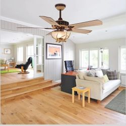 52Inch Modern Rustic Ceiling Fan with Light Glass Cover with Unique Antler Finishsed 5 Wood Blades, Chandeier Fan Light with Remote for Living Room, B
