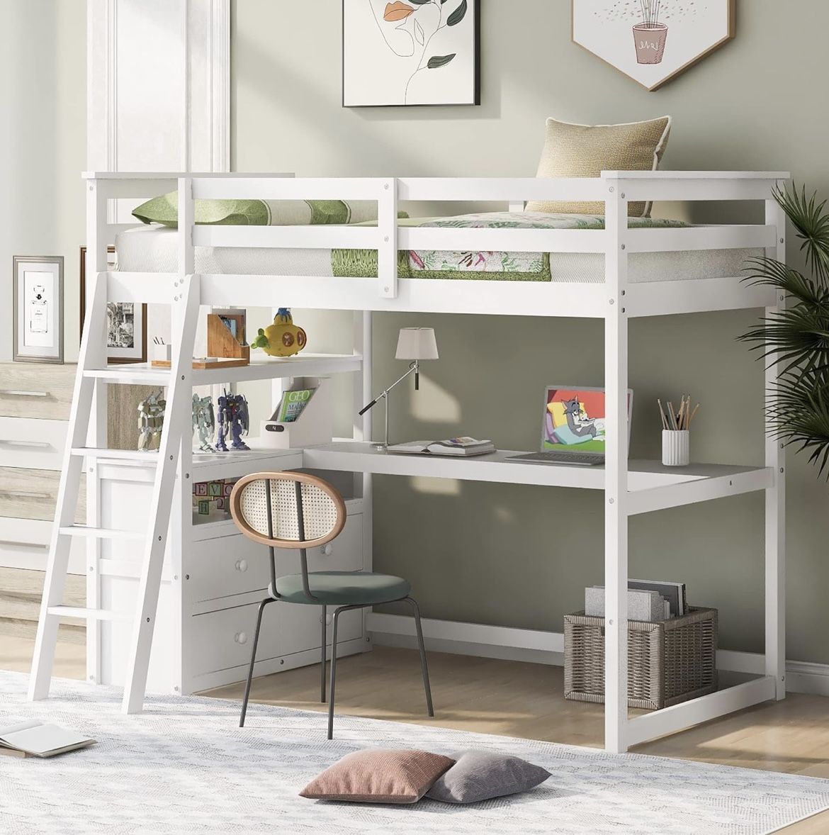 Merax Twin Loft Bed With Desk, Drawers, and Shelves