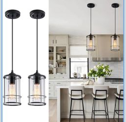 Pendant Lights, Black Hanging Light Fixtures Kitchen Island 2 Pack with Clear Glass, Modern Industrial Cage Pendant Lighting for Kitchen Dining Room E