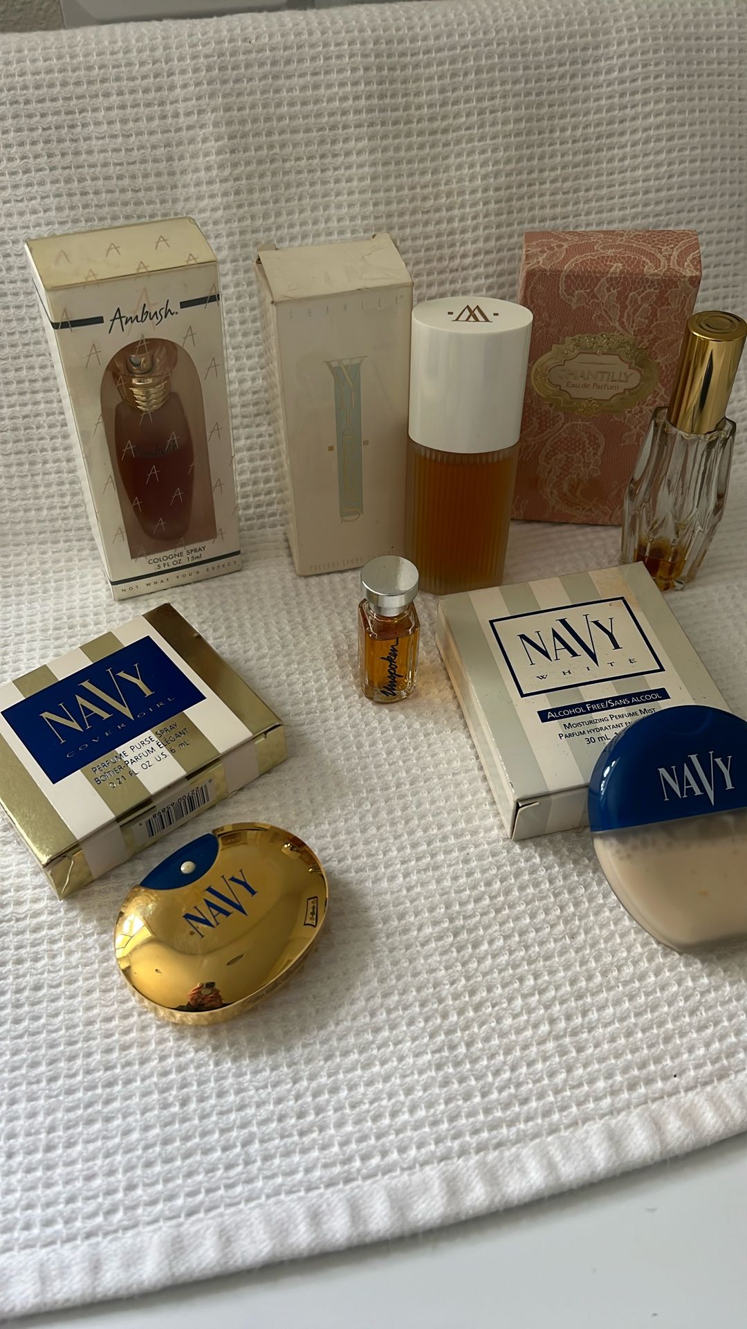 Lot of 6 Vintage Perfumes - Chantilly, Whispers, 2 Navy, Ambush, Unspoken