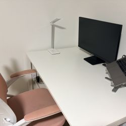 Ikea Desk, LG Monitor, Desk Lamp, Chair