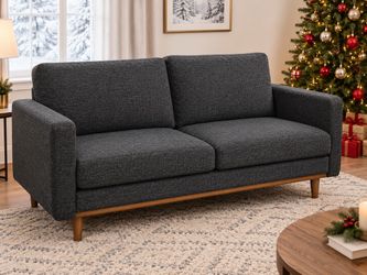 Newly Assembled Charcoal Gray Loveseat Upholstered in Textured Fabric