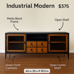 Modern Industrial TV Stand - Black and Wood - 4 Drawers + Storage