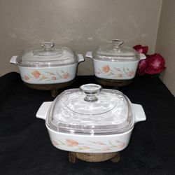 Vintage Peach Floral CorningWare Casserole Set with Lids.