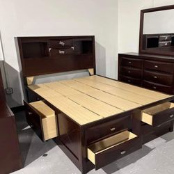 Emily Dark Cherry Storage Platform Bedroom Set Queen Or King Set Bed, Dresser, Mirror, Nightstand, Chest 