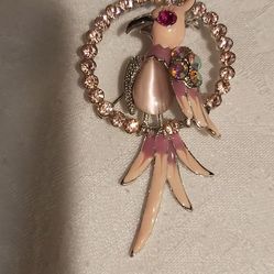 Gorgeous Vintage Pink Enameled With Pink Rhinestones Parrot Brooch (No Markings)