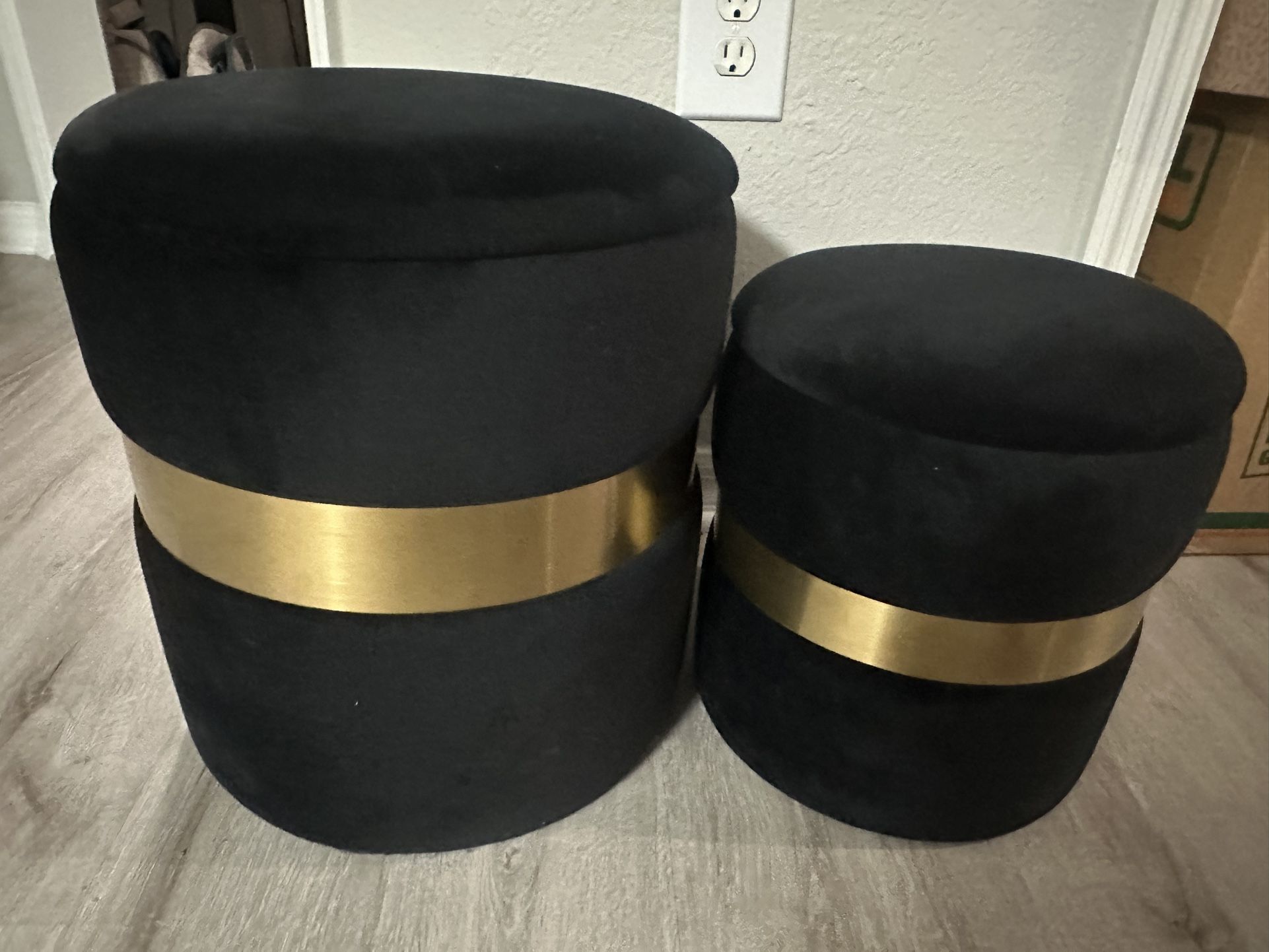 Set Of Black Velvet Storage Ottomans