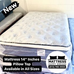 Full Size Mattress 14” Inches Thick Pillow Top. Quality and Comfort,  Available All Sizes. New From Factory. Same Day Delivery