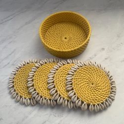 NEW Set of Mode Living Capiz Rattan + Shell Coasters/trivets (4)