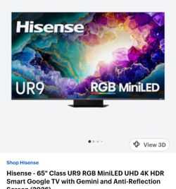 Hisense UR9 65" RGB MiniLED 4K Smart TV