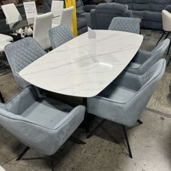 Modern Stylish Sintered Stone Dining Table with 6 Chairs / Mesa de comedor de piedra sinterada moderna y elegante con 6 sillas