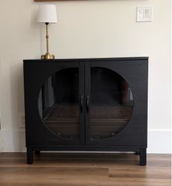 Black Glass-Front Cabinet with Drawers & Removable Shelf