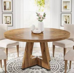 XK00546 Round Dining Table for 4-6 People, 47 Inches Dining Room Table with Wooden Pedestal Base, Modern Dinner Table, Circle Kitchen Table for Dining