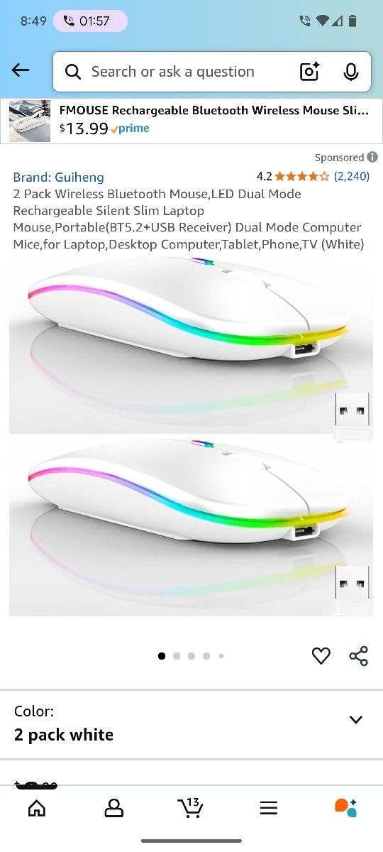 2 Pack Wireless Bluetooth Mouse, LED Dual Mode Rechargeable Silent: Slim Laptop Mouse, Portable(BT5.2+USB Receiver) Dual Mode Computer Mice,for Laptop