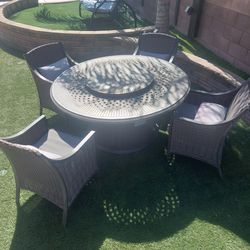 Members Mark (SAMSCLUB) Aluminum Firepit Dining Set Table with 4 Chairs and rotating Lazy Suzan!