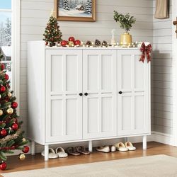 Shoe Cabinet with 3 Doors and Adjustable Shelves, 30 Pairs Shoe Storage Cabinet, 40 Inch Tall Farmhouse Shoe Rack Shoe Organizer Cabinet fo