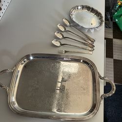 Lot Of OLD SILVER PLATED TRAY, SPOONS, FORKS & DISH! CHEAP FROM ROGERS AND ONEIDA AND CRESENT! 1 OWNER NICE! VALUE $110! GOING CHEAP!