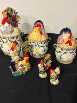 FITZ and FLOYD “Ricamo” Ceramic Rooster Canister Set of 3 and Matching Tableware Set