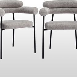 Modern Dining Chairs Set of 2, Upholstered Linen Fabric Kitchen Chairs with Barrel Arms & Curved Backs, for Dining Living Room Bedroom, Accent Armchai