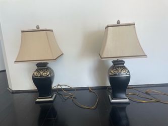 Pair of Elegant Black & Gold Ceramic Table Lamps w/ Shades
