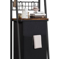 Brand New Laundry Hamper, Vertical Laundry Basket with 2 Tiers Wooden Shelf and Hooks, Clothes Hamper with Pull-Out and Removable Bag for Bathroom, Be