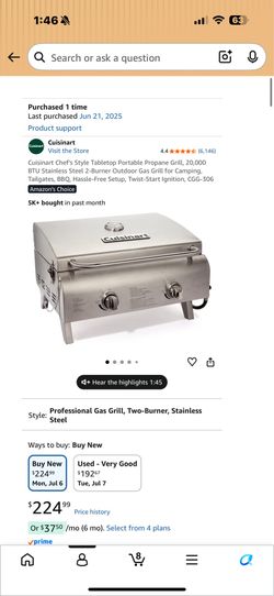 Like New Cuisinart Portable Propane Grill CGG-306 + Cover + Warranty