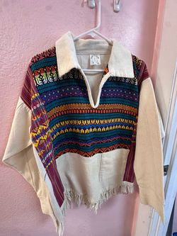 Guatemalan Woven Boho Sweater Cream Multicolor Fringe Size M