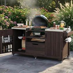 AS IS Assembled New Outdoor Kitchen  Island on Wheels Rolling Trolley Cart Cart Storage Cabinet