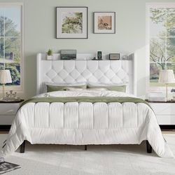 Queen Size Platform Bed Frame with Charging Station, Velvet Wingback