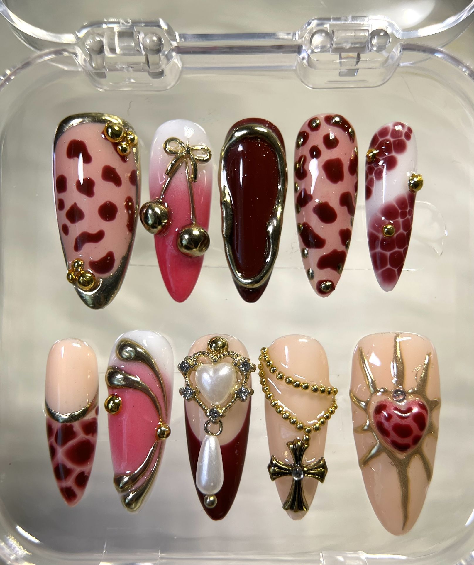Cherry Heart Gothic Press-On Nails – Leopard Print & Chain Details