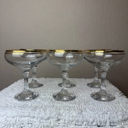 Buckingham Vintage Champagne Coupe Glass Set 6 Clear Gold 24K Trim Barware