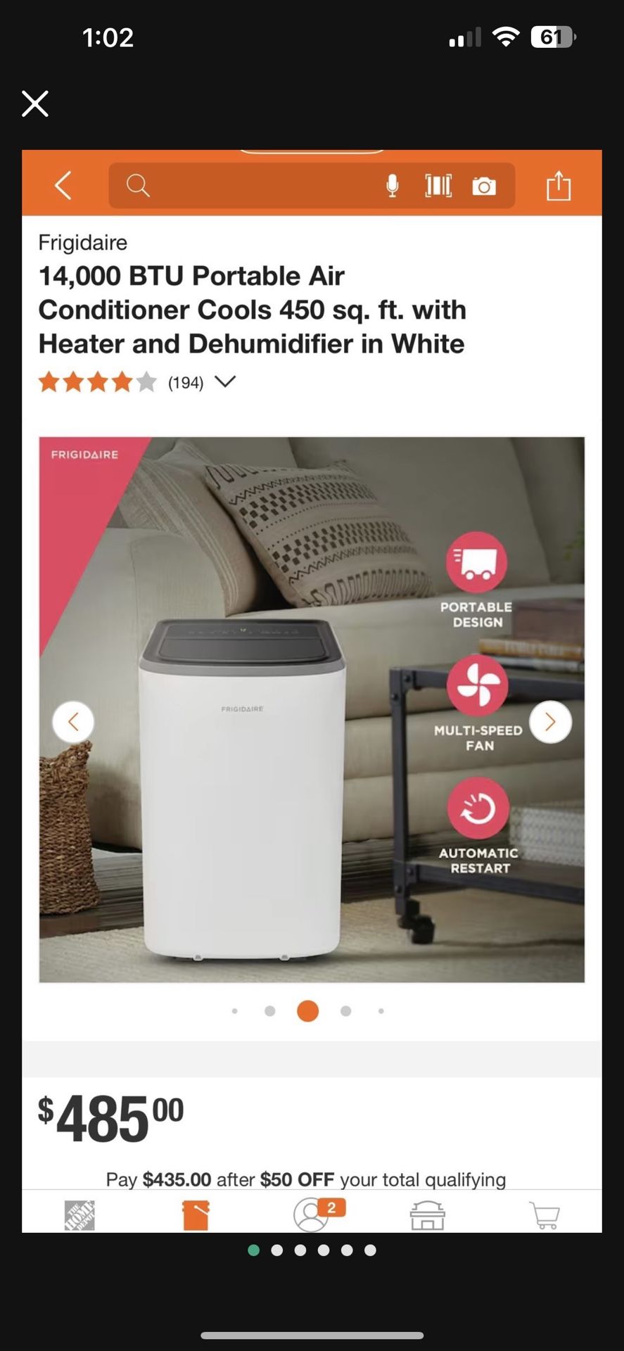 Frigidaire 14,000 BTU Portable Air Conditioner Cools 450 sq. ft.